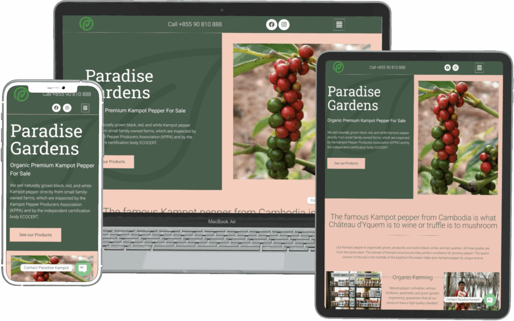 Business website of the company Paradise Gardens in laptop, tablet, and smartphone view, created by DONKONG DESIGN.