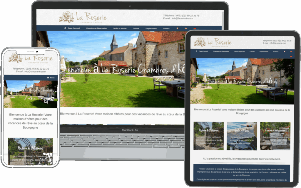Website for the guest house „La Roserie“ in laptop, tablet, and smartphone view, created by DONKONG DESIGN.
