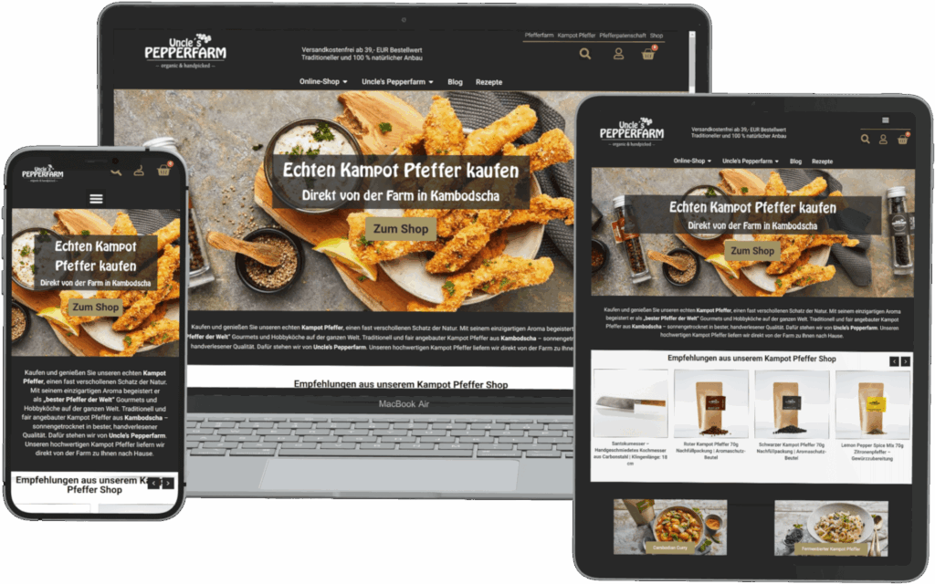 Online shop for the Kampot pepper provider "Uncle's Pepper" in laptop, tablet, and smartphone view, created by DONKONG DESIGN.