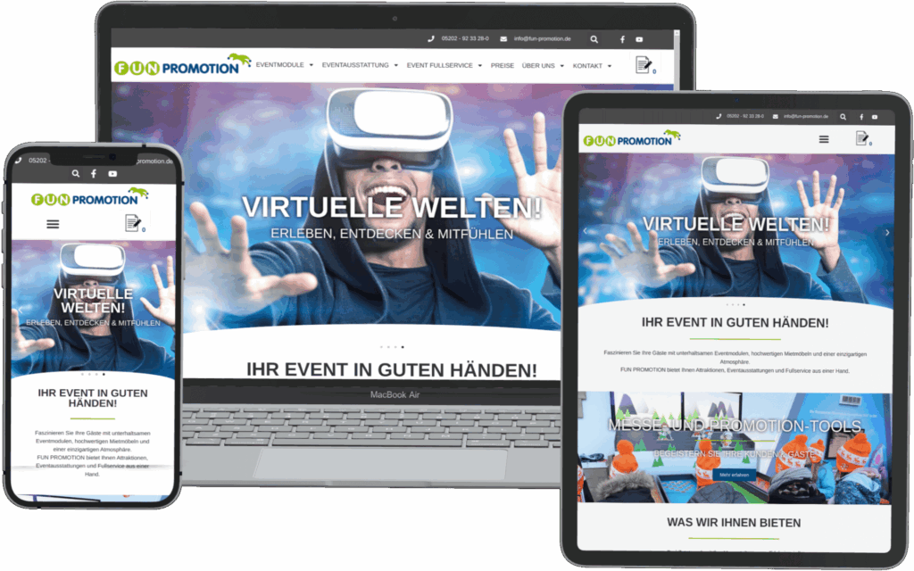 WordPress- Webseite für die deutsche Eventagentur „Fun-Promotion“ in Laptop-, Tablet- und Smartphone-Ansicht, erstellt von DONKONG DESIGN.
