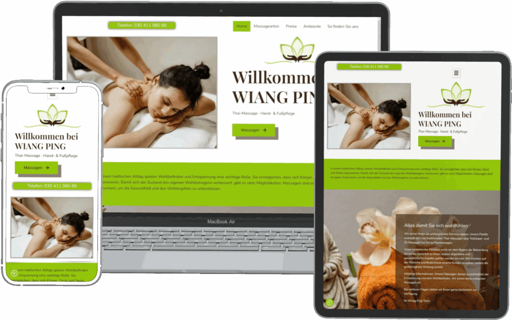 WordPress-Website für das Thai-Massage-, Hand- und Fußpflege-Studio „Wiang Ping“ in Berlin, in Laptop-, Tablet- und Smartphone-Ansicht, erstellt von DONKONG DESIGN.