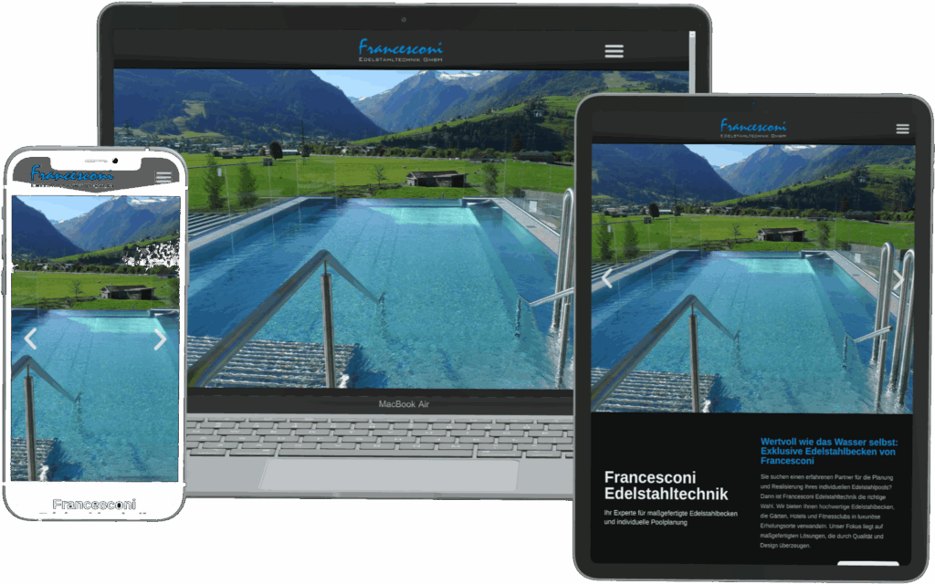 Website for the stainless steel pool manufacturer „Francesconi“ in laptop, tablet, and smartphone view, created by DONKONG DESIGN.