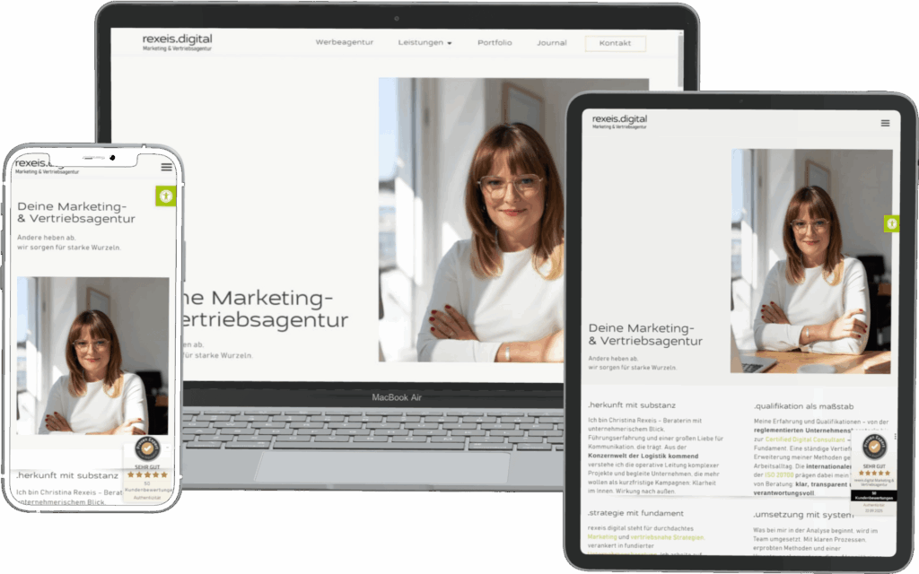 Webseite für die Marketing-Agentur „rexeis.digital“ in Laptop-, Tablet- und Smartphone-Ansicht, erstellt von DONKONG DESIGN.