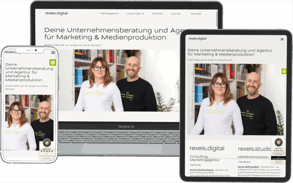 Website for the marketing agency „rexeis.digital“ in laptop, tablet, and smartphone view, created by DONKONG DESIGN.