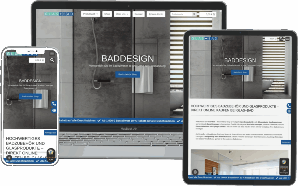 Webshop für den Glashersteller und -händler „GLAS+BAD“ in der Darstellung für Laptop, Tablet und Smartphone, erstellt von DONKONG DESIGN.