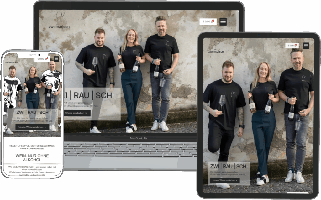 Webshop with alcohol-free wine „Zwirausch” in laptop, tablet, and smartphone view, created by DONKONG DESIGN.