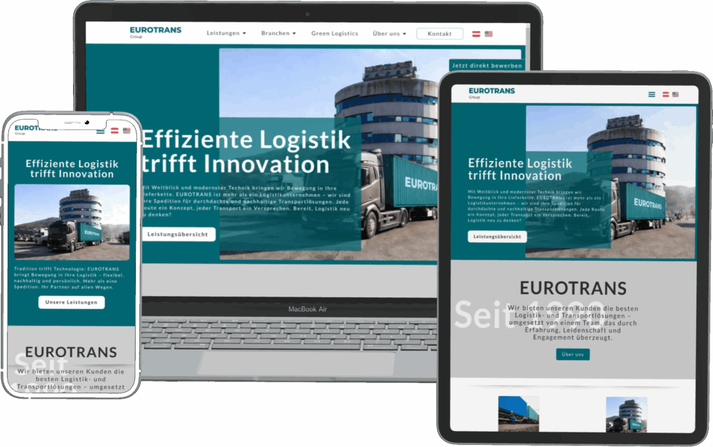 Webseite für das Logistik-Unternehmen „Eurotrans“ in Laptop-, Tablet- und Smartphone-Ansicht, erstellt von DONKONG DESIGN.